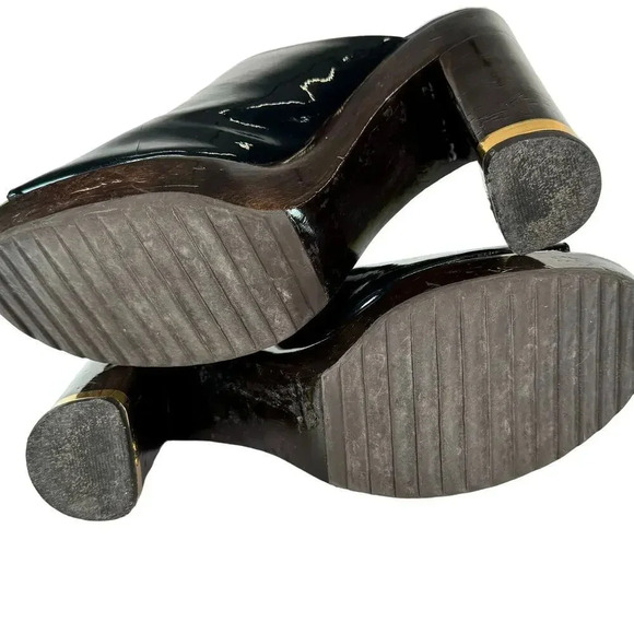 Tory Burch Leather Glossy Black Gold Elegant Slip On Mule Open Toe Size 8.5M - Picture 4 of 8